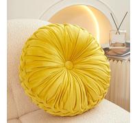 15'' Round Velvet Pleated Throw Pillow for Couch - 1 Pc Pumpkin Boho Cushion, Fluffy Floor/Lumbar Pillow for Sofa, Chair, Bed & Home Decoration (Yellow)