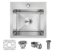 15 x 15 Inch Drop In Bar Sink Small Kitchen Sink Single Bowl Topmount Bar Prep Sink 18 Gauge Stainless Steel Bar Sink with Grid
