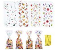 150 bolsas de celofán transparente Bekecidi para caramelos, embalaje de galletas de plástico transparente con 4 hermosos diseños y 150 lazos para fiestas, cumpleaños, baby shower, suministros de