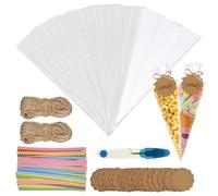 150 bolsas para dulces de 25 x 13 cm, 150 cierres, 150 etiquetas de regalo, 2 cuerdas de yute, 1 tijeras, bolsas de celofán para chocolate, galletas, palomitas de maíz, Navidad, fiestas, bodas,