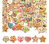 150 botones de madera de 25 mm de colores con 2 agujeros, flores y estrellas, corazones, hechos a mano, botones para manualidades, adornos, costura y álbumes de recortes