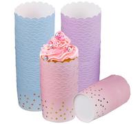 150 moldes de papel para magdalenas, 7 x 6 x 5,5 cm, 3 colores, mini moldes de papel para magdalenas, postres, bodas, cumpleaños, fiestas (rosa, morado, azul)