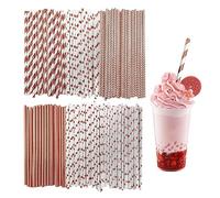 150 Pajitas de Oro Rosa, Biodegradables, Con Varios Patrones - 6 Estilos a Rayas