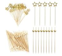 150 Palillos de Cóctel con Forma de Estrella, Palillos de Madera para Bocadillos, Tenedores de Degustación Reutilizables, Brochetas de Fruta para Barbacoas, Cupcakes y Cócteles