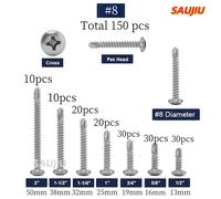 150 piezas Surtidas de Tornillos de Cabeza Redonda Phillips Auto-Perforantes de Acero Inoxidable 410 para Láminas Metálicas - Tamaño: #8 (1/2", 5/8", 3/4", 1", 1-1/4", 1-1/2", 2")