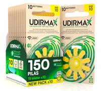 150 Pilas para Audífonos Tamaño 10 Udirmax PR70 Zinc-Aire Amarillas con Tecnología Dynamic Sonar Eco Pack - 15 Blísteres Ecológicos de 10 Pilas