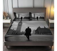 150 x 200 cm Sábana Bajera Ajustable Colchones Gris, Hombre Callejero Parisino Suave Cómoda Transpirable Poliéster Tela, Sábana Bajera Ajustable Imprimir - Elástico en el Borde Bolsillo Profundo 30cm
