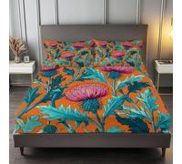 150 x 200 cm Sábana Bajera Ajustable Estampado William Morris Flores Cardo, Color Naranja Microfibra Transpirable Sabanas, Elástico en el Borde Bolsillo Profundo 30 cm con 2 Fundas de Almohada