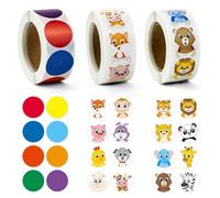 1500 Piezas Redondas Rollo Pegatinas Animales 3 Rollos con 24 Diseños, Pegatinas Infantiles para Niños de Recompensa
