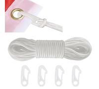 15m Cuerda con 4 Ganchos para Bandera, Blanco Cuerda de Asta Bandera con Clips para Poste de Bandera, Cuerdas de Nailon de 6 mm Multiusos para Hogar, Tender Ropa, Asta de Bandera, Velero, Camping