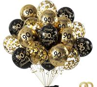 15pcs Años Decoracion Aniversario Cumpleaños,Oro Negro Fiesta 90Años Confetis Látex Globos cumpleaños con Happy Birthday Feliz para niño y niña hombres mujer Dfiesta de cumpleaño 90 Años Decoracione