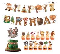 15PCS Cumpleaños Banner Animales Bosque, Happy Birthday Banner, Decoración para Tartas Animales de la Selva Toppers, Guirnalda de Feliz Cumpleaños, para Felicitación, Fiesta
