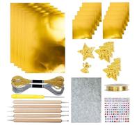 15Pcs Foil Paper Art Foils Sheet,DIY Gold/Silver Decorative Metal Sheet Embossing Tools,Metal Embossing Foil Sheets Kit with 2 Rolls Wire,Engraving Tools for Painting Gilding Crafting (Gold)
