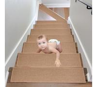 15Pcs peldaños de Escalera de Interior, 76 x 20 cm, Antideslizantes, autoadhesivos para escalones de Madera, alfombras para niños y Mascotas, de Lino Natural, Lavables a máquina.