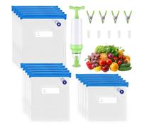 15Piezas Kit de Bolsa Sous Vide Reutilizables, Bolsas al Vacío Alimentos con Válvula 1Bomba de Mano 5Clips Sellado 4Metal Clips Fáciles de Lavar y Reutilizar Selladas Prácticos Verduras Frutas Carnes