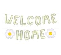 15uds Kit de Globos Bienvenido a Casa, 13 Aluminio Letras Globos Flores con 1 Pajita & 1 Cuerda Decoraciones Welcome Home, para Housewarming Party, Reunión Familiar (Beige)