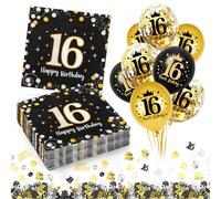 16 Años Servilletas de Papel, 30 Servilletas de Oro Negro con 16 Globos de Cumpleaños, Servilleta de 33 x 33 cm, Decoraciones de Niño de 16 Años para Fiestas, Cumpleaños