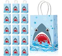 16 Bolsas de Fiesta de Tiburón con Asa Giratoria de Papel Bolsa de Golosina Dulce con Tema de Tiburón Azul Bolsa de Regalo para Niño Verano Baby Shower Cumpleaños, 6,3 x 3,1 x 8,7 Pulgadas