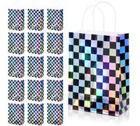 16 bolsas iridiscentes a cuadros para recuerdos de fiesta de coches de carreras, bolsas de regalo negras e iridiscentes con asas, papel kraft a cuadros láser, bolsas de regalo para niños, decoraciones