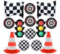 16 globos de cumpleaños de coche de carreras, decoraciones de fiesta de cumpleaños de coche de carreras, conos de globo de semáforo, globos de aluminio a cuadros blancos para niños de carreras