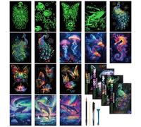 16 Hojas Scratch Art, Noctilucente Papel Negro para Rascar y Dibujar A4 con 4 Herramientas, Mundo Marino + Ballena + Mariposa + Pavo Real Serie Papel de Rascar para Adultos Manualidades DIY