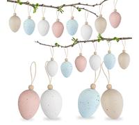 16 huevos de Pascua para colgar, decoración de huevos de Pascua con cuerda, decoración de Pascua, huevos de Pascua de plástico, 4 estilos, 6 cm, colores suaves, resistentes y duraderos para