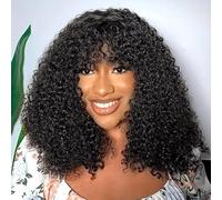16 Inch Kinky Curly Glueless Wig With Bangs Curly Human Hair Wig For women Wear And Go Glueless Wig Human Hair For Women Kinky Curly Machine Made Wig 150% Density Natural Black