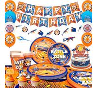 16 Invitados Fiesta de Juego de Guerra de Dardos, Decoracion Fiesta Vajilla Cumpleaños Dardos - Platos Carton Taza Servilleta Mantel Pancarta Globos para Adornos Cumpleaños Infantil