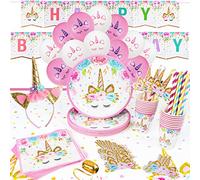 16 Invitados Kit Cumpleaños Unicornio Niña Platos Desechables Vasos Pajitas Servilletas Mantel Diadema Unicornio Guirnalda Feliz Cumpleaños Globos Fiestas Infantiles Decoracion Cumpleaños Unicornio