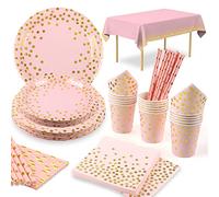 16 Invitados Platos Desechables Cumpleaños Rosa Platos y Vasos Desechables Biodegradables Servilletas Pajitas Mantel 1 13 Cumpleaños Fiesta Baby Shower Niña Compromiso Aniversarios Platos Rosa