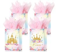 16 Juegos Bolsas de Regalo de Fiesta de Cumpleaños de Princesa con Papel de Seda, Bolsa de Dulce Rosa con Asa Bolsa de Caramelos de Papel Kraft Bolsas de Fiesta de Corona Castillo Floral