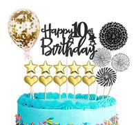 16 Piezas 10 años Adornos Tarta Cumpleaños,Oro Negro Decoracion Tarta Cumpleaños,Happy 10th Birthday Cake Topper Decoracion 10 años, Adornos con Globos para Cumpleaños Adornos Kit para 10 Cumpleaños