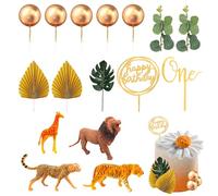 16 piezas de decoración de pasteles con temática de la selva, jirafa, león, tigre, leopardo, decoración 3D, decoración de hoja de tortuga y hoja de dinero, decoración de tarta de cumpleaños dorado