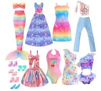 16 piezas de ropa y zapatos de muñeca compatibles con muñeca Barbie de 11.5 pulgadas, incluye 1 vestido de sirena, 2 tops de tiras, 2 vestidos, 1 pantalón, 4 juegos de trajes de baño, 5 zapatos