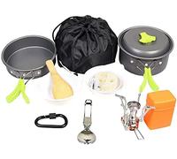16 piezas de utensilios de cocina de camping Mess Kit Mochilero Cookset al aire libre Senderismo picnic antiadherente de cocción de aluminio anodizado bote plegable sartenes Utensilios(12 Pcs B-Green)