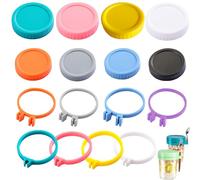 16 piezas Tapas y Soportes para Cucharas para Mason Jar, CNYMANY 86mm 70mm Tapas para recipiente de vidrio para avena durante la noche, Soportes para pajitas de siliconapara Frasco de conservas