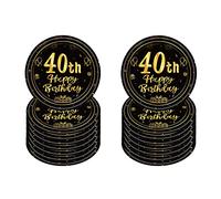 16 platos de papel desechables de 7 pulgadas, platos de papel desechables negros y dorados, fiestas, platos de papel de feliz cumpleaños 40, vajilla