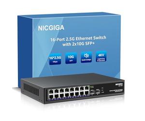 16 Port 2.5G ➕ 2 Port 10G SFP+ Ethernet Switch, NICGIGA 18 Port 2.5Gb Network Switch Unmanaged, Plug & Play, Desktop or 19-Inch Rack Mount, Fanless Metal Design.
