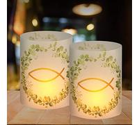 16 portavelas decoración de mesa bautizo, confirmación, comunión, cumpleaños, boda, decoración de primera comunión, niña, niño, pez, eucalipto, adecuado para velas de té o velas LED