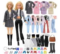 16 prendas compatibles con muñecas Barbie, 3 elegantes abrigos a cuadros, juego de 2 vestidos de fiesta, 1 pantalón de manga corta, 1 bolsa, 1 accesorio para el cuello, 2 gafas, 1 bota, 5 zapatos para