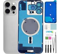 16 Pro Max - Cristal trasero de repuesto para iPhone 16 Pro Max con logotipo impermeable y lente de cámara + kit de herramientas de reparación profesional (titanio blanco)