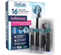 16 Recambios para Cepillo de Dientes Eléctrico Cabezales Compatibles con Oral-B Cerdas Suaves para Encías Sensibles CliniCaps SoftSense Color Negro Doble Protección Bolsita Aséptica y Tapón Protector