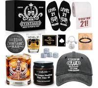 16 regalos de feliz cumpleaños número 21 para él, regalos de fiesta de cumpleaños de niño de 21 años con vaso de whisky de 11 onzas, posavasos de vidrio de 1.7 onzas para hombres, hijo, sobrino, nieto