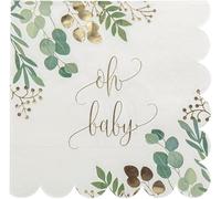 16 servilletas para baby shower, diseño de hojas de eucalipto, decoración de mesa para baby shower, bautizo, nacimiento, niño y niña, unisex, colores blanco, verde y dorado