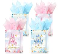 16 Set Bolsas de Recuerdo de Castillo de Princesa y Príncipe con Papel de Seda de Fiesta, Bolsas de Regalo Floral Rosa Azul de Caramelo para Fiesta de Cumpleaños para Niños Suministros