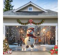 16 x 7 ft/4,8 x 2,1 m, pancarta de Navidad para puerta de garaje, bonito muñeco de nieve patinando sobre hielo con escena de la calle de invierno, gran mural para decoración exterior en la puerta del
