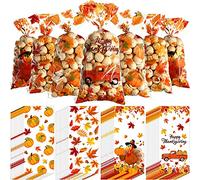 160 bolsas de regalo de Acción de Gracias, bolsas de celofán de plástico, con texto en inglés "Happy Thanksgiving Pumpkin Fall Leave Turkey Sign Bolsas de regalo con 160 lazos dorados para Acción de
