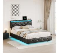 160 x 200 cm Marco de cama flotante, cama doble con LED ajustable, 2 enchufes y 2 puertos USB, cabecero ajustable y acolchado, cama de 2 personas con somier, PU (negro, 160 × 200)