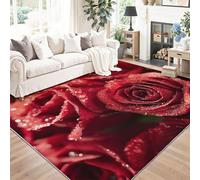 160 x 230 cm Alfombras Salón Rojo Rosas Gotas De Rocío Planta Alfombra Pelo Corto Suave Antideslizante Alfombra de Dormitorio Alfombras para Salon Habitacion