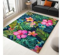 160 x 230 cm Bien Alfombras Sala de Estar, Colorful Alfombra Lavable de Pelo Corto para Dormitorio, Flores Hojas Tropicales Alfombra Suave Antideslizante Estampada para Comedor